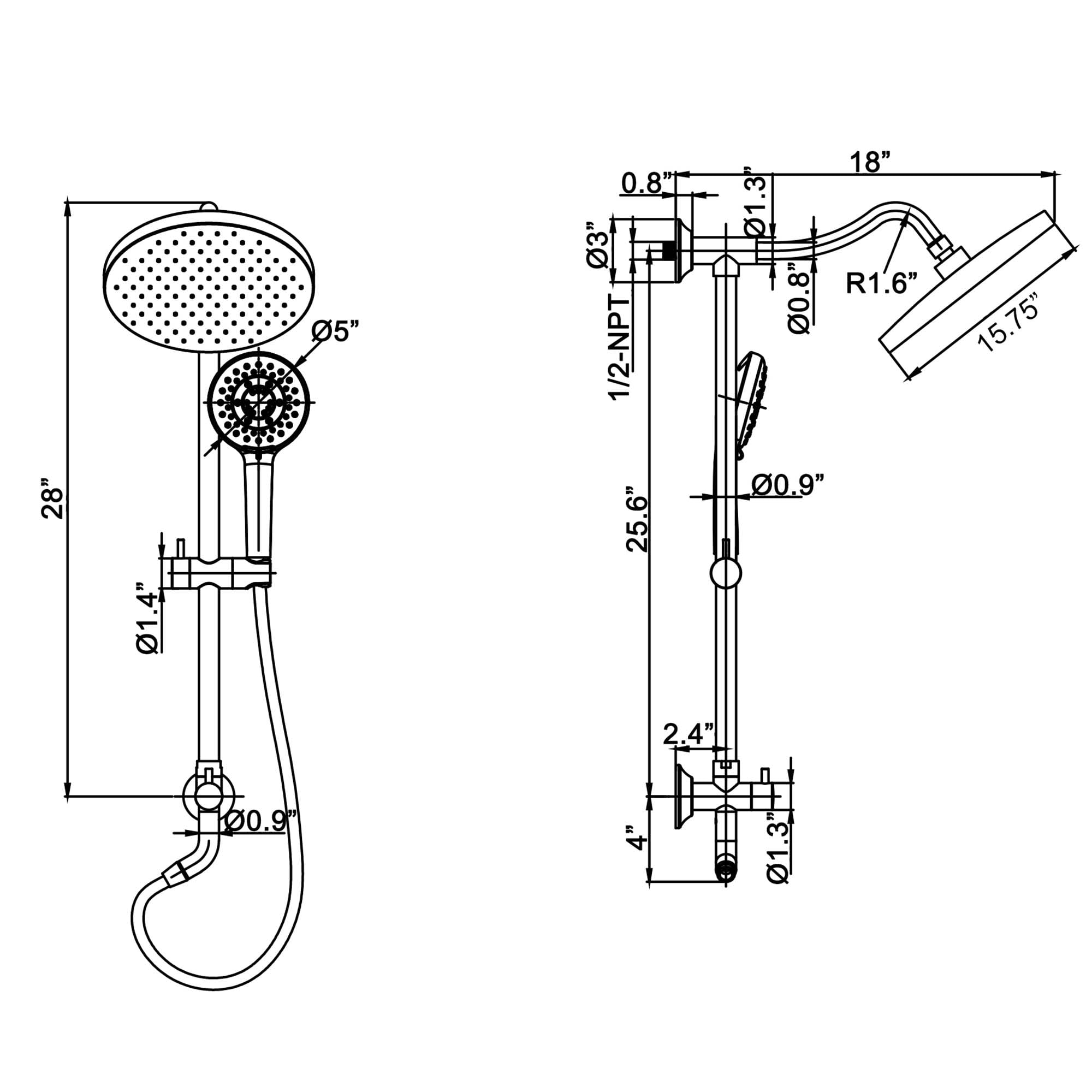 Multi Function Rainfall Shower Head with Hand Shower without Rough-in Valve