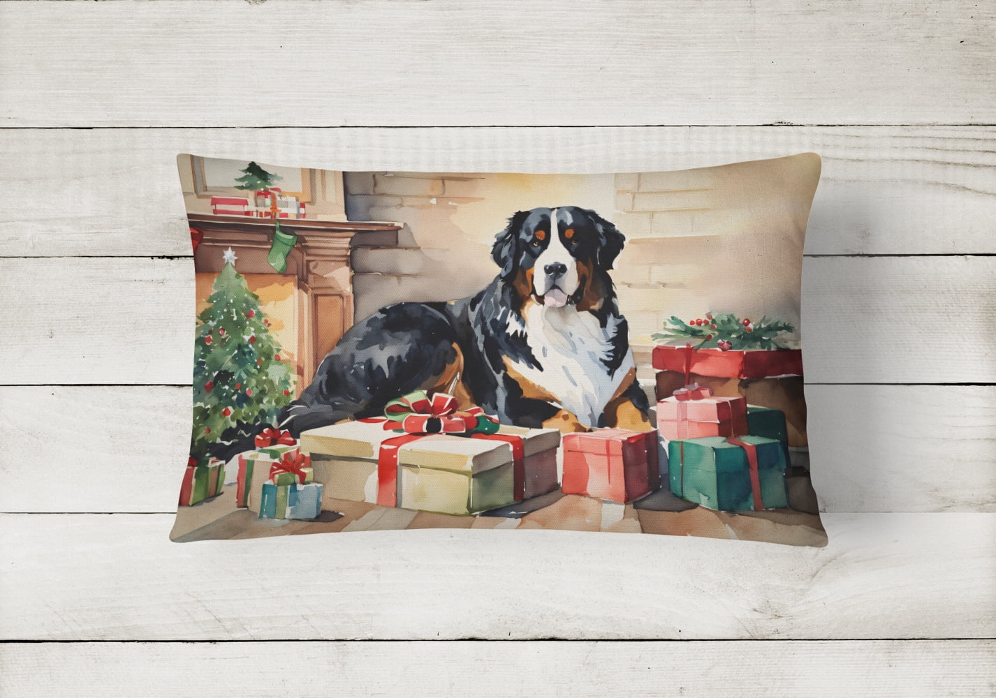 Bernese Mountain Dog Cozy Christmas Throw Pillow 12 in x 16 in