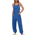 thumbnail image 3 of QATAINLAV Birthday Gifts Women's Casual Loose Jumpsuit Solid Color Sleeveless Straps Overalls Elastic Cinch Bottom Joggers One Piece Pants with Pockets for Yoga Workout Blue M, 3 of 9