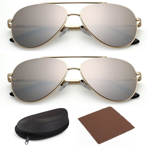 2 Aviator Sunglasses for Women Adult Female, Gold Frame, Flat Brown Grey Lens