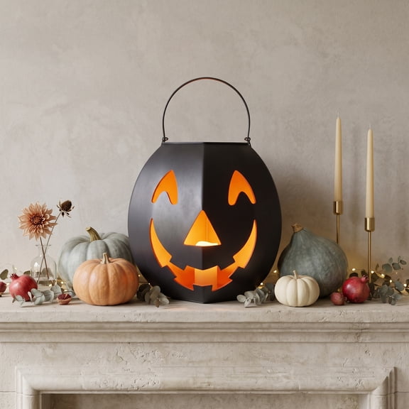 Halloween Metal Jack-O'-Lantern - Hanging Matte Black Pumpkin Centerpiece Candle Holder for Autumn Farmhouse Porch Entryway Fireplace Decor & Holiday Gifts