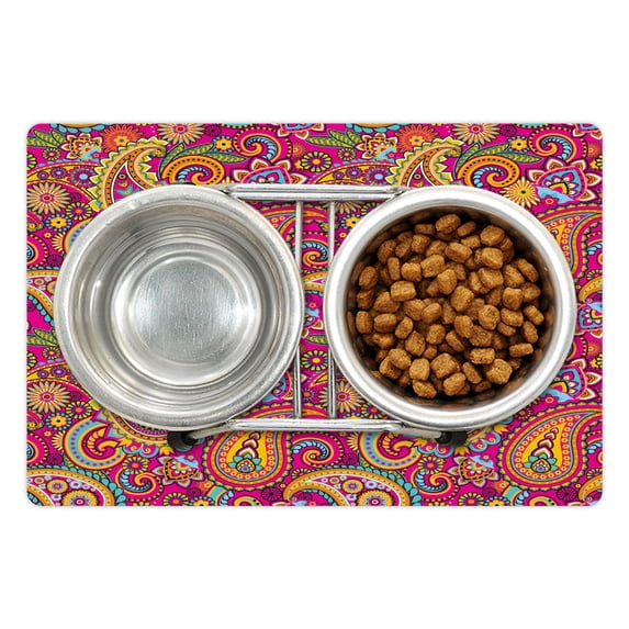 Paisley Pet Mat for Food and Water, Paisley Patterns Based on Traditional Eastern Pastel Design, Non-Slip Rubber Mat for Dogs and Cats, 18" X 12", by Ambesonne
