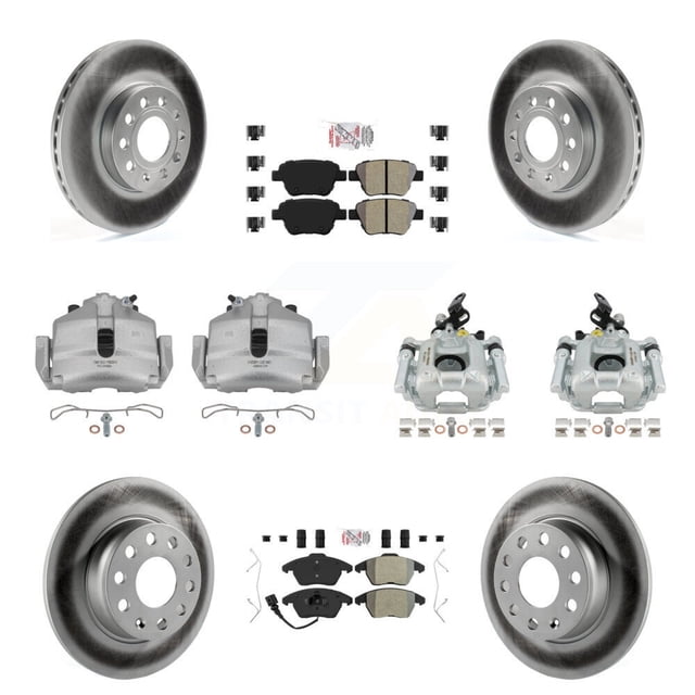 Transit Auto Front Rear Disc Brake Caliper Coated Rotors and Semi-Metallic Pads Kit (10Pc) for Car 2012 Volkswagen Beetle 2.5L with Naturally Aspirated with 288mm Diameter Rotor KCG-101757N