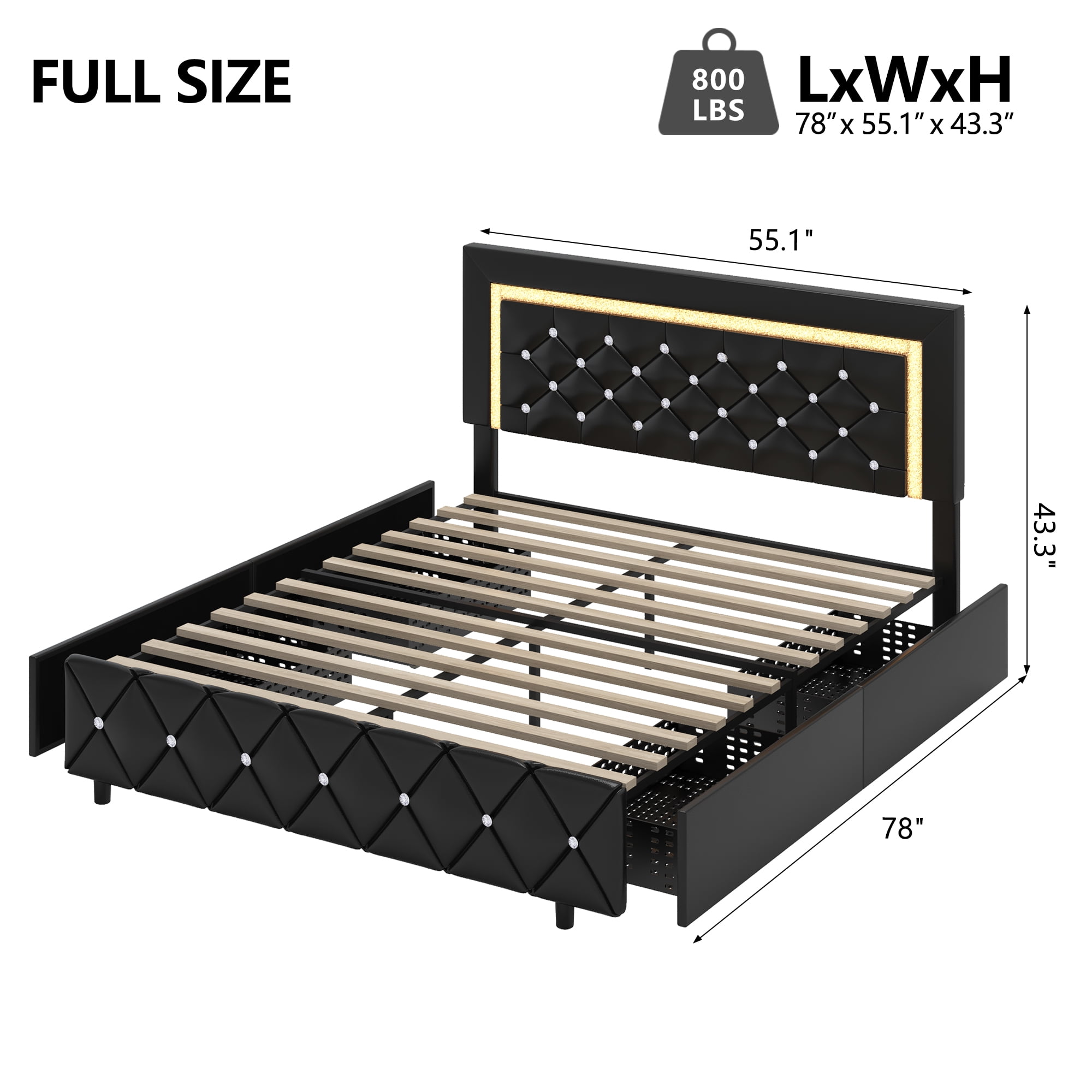 4 EVER WINNER Full Size LED Bed Frame with Storage, Upholstered Platform Bed with 4 Drawers, Adjustable LED Lights Headboard, Black