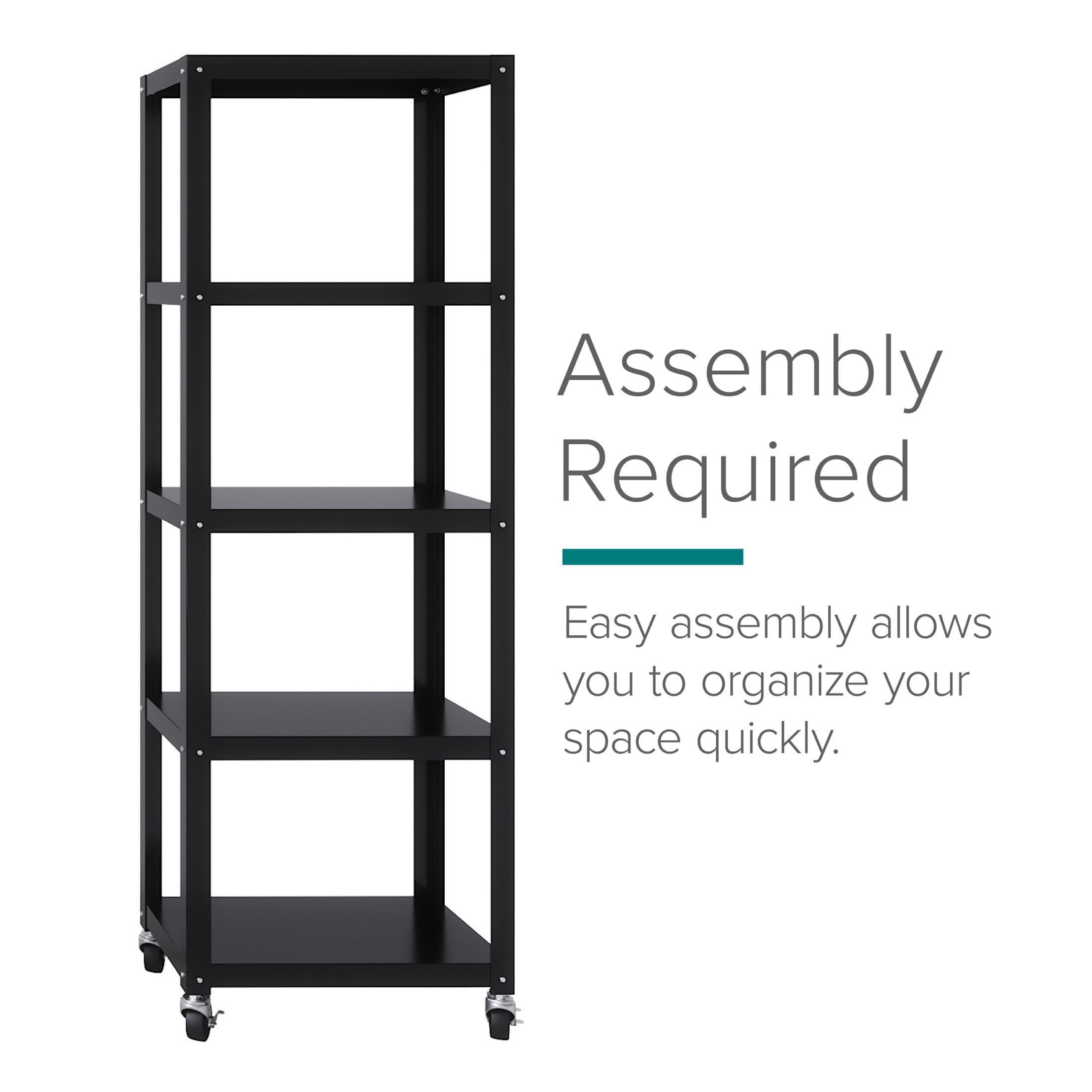 Office Dimensions 72" High Rolling 5 Shelf Bookcase, Industrial Metal, Black