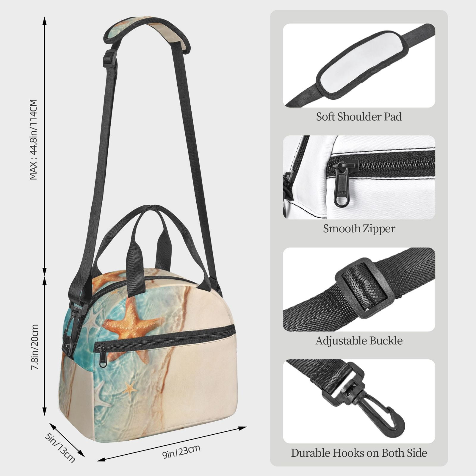 Xecao Starfish On The Sand Beach Print Insulated Lunch Box, Lunch Cags Lunch Bag Featuring An Adjustable Shoulder Strap