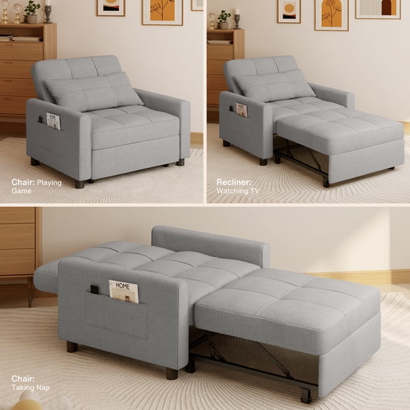 Noelse Convertible Chair Bed, 3-in-1 Sleeper Chair Bed with 3 levels Adjustable Backrest for Living Room Bedroom Apartment Small Space,Gray
