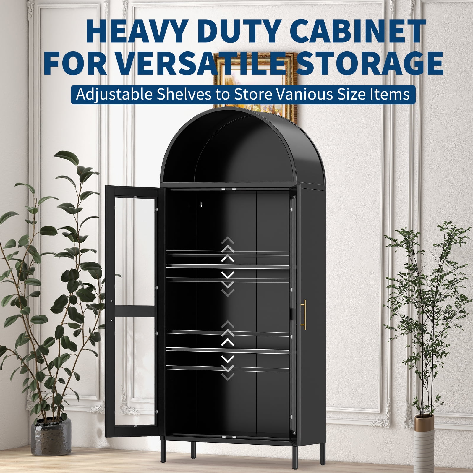 73" Arched Metal Storage Cabinet, Kitchen Pantry Cabinet with Glass Door, 2 Adjustable Shelves,Modern Farmhouse Display Bookshelf ,Freestanding Display Cabinet for Living/Dinning Room Black