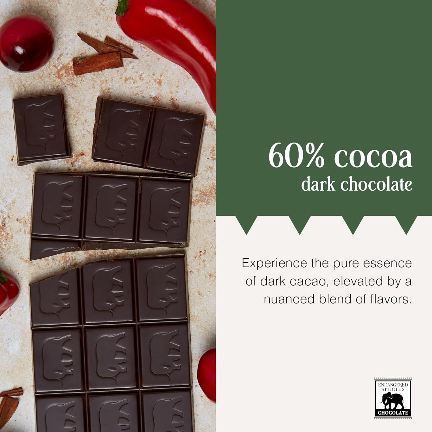 Endangered Species Natural 60% Dark Chocolate Bar Cinnamon Cayenne & Cherries 3 oz Pack of 3