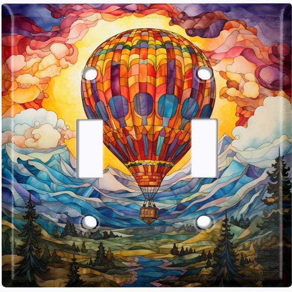 Metal Light Switch Wall Plate Outlet Cover (Printed Image of Stained Glass Hot Air Balloon - Double Toggle)
