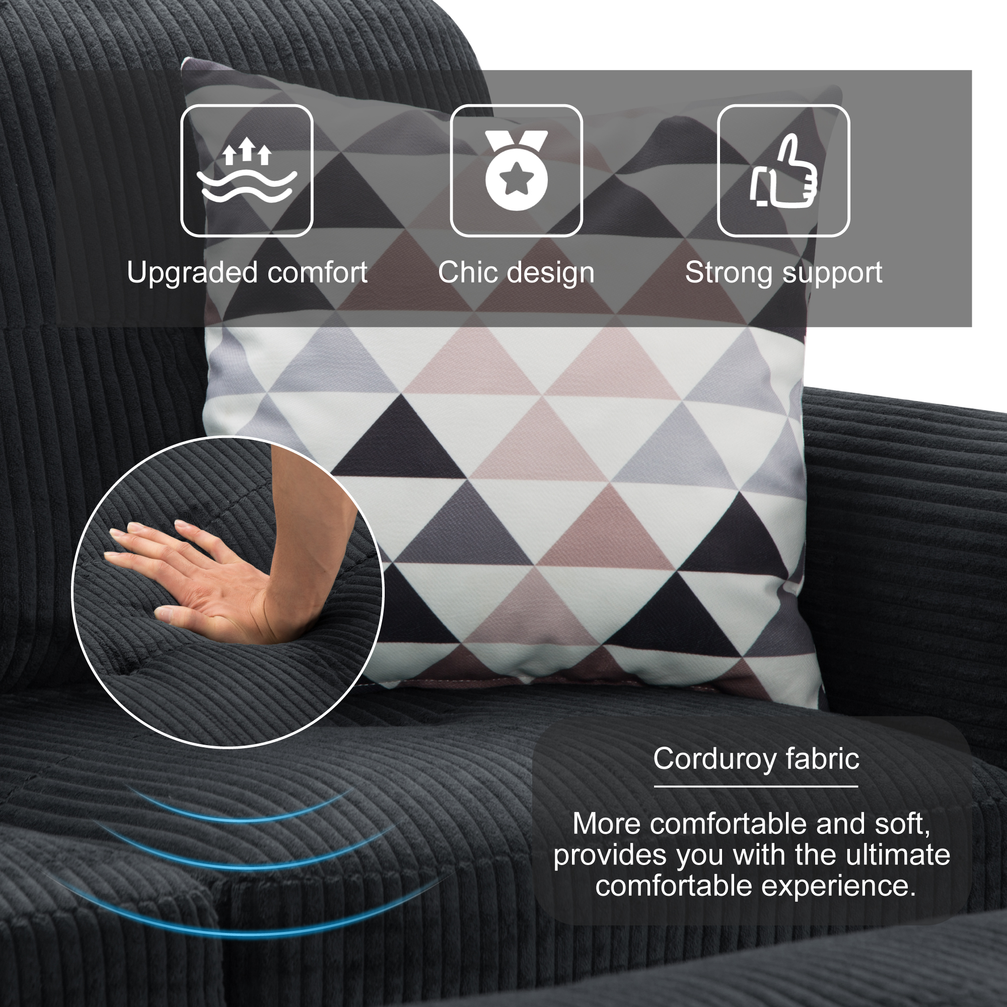 AENKYO 95″ L-Shaped Corduroy Modular Sectional Sofa with Ottoman & Cup Holders – Living Room Couch for Apartments，Black