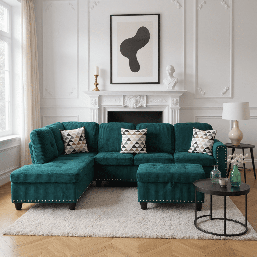 Gewnee 6 Seaters 94.49”L-Shaped Modular Sectional Sofa Couch ,Corduroy Fabric 2 Built-in Cup Holders with Storage Ottoman for Living Room