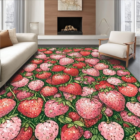 Flatwoven High Traffic Area Rug, Whimsical Strawberry Patch Cottagecore Round with Edge, Non Slip, Stain Resistant, Washable Area Rugs for Living Room, Bedroom(Red, 4X6)