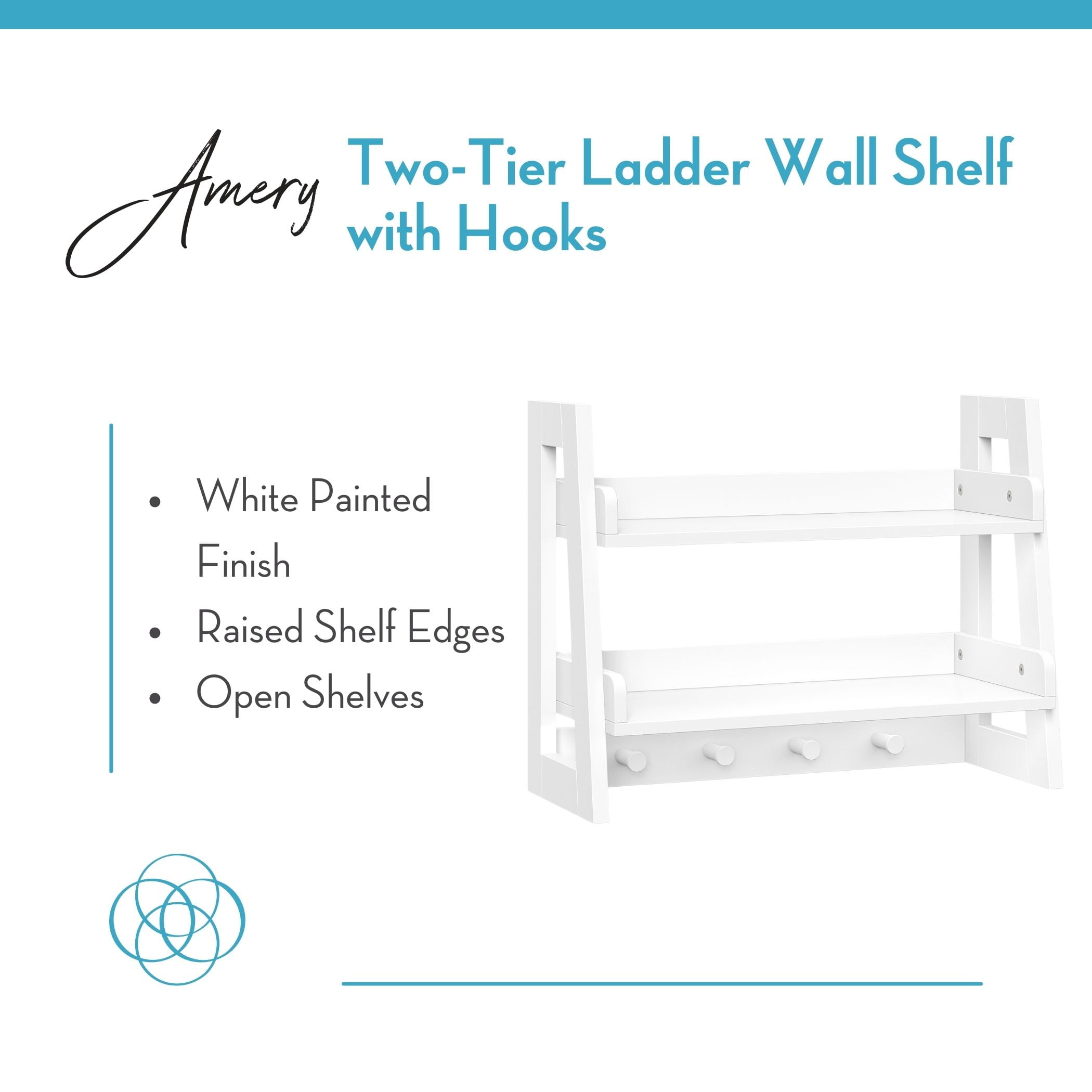 RiverRidge Amery 2-Tier Bathroom Ladder Shelf with Open Storage and Towel Hooks - White