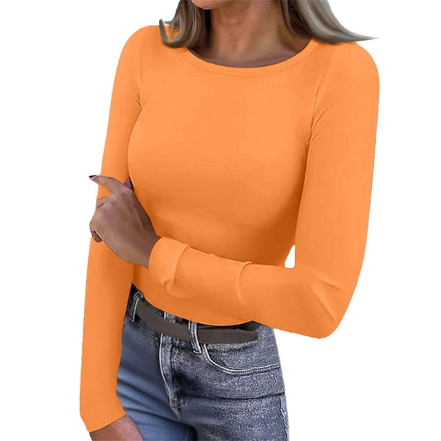 Breezora Chemise Thermique à Manches Longues et Col Rond pour Femmes, Double Couche, Confort Chaud, Basique Quotidien, Collection Automne Hiver 2025, Taille m, Orange