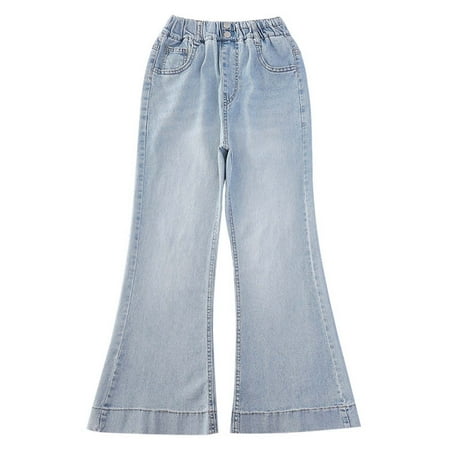 Tfken Girls Denim Pants Elastic Waist Distressed Flare Soft Jeans Blue Size 6-7 Years