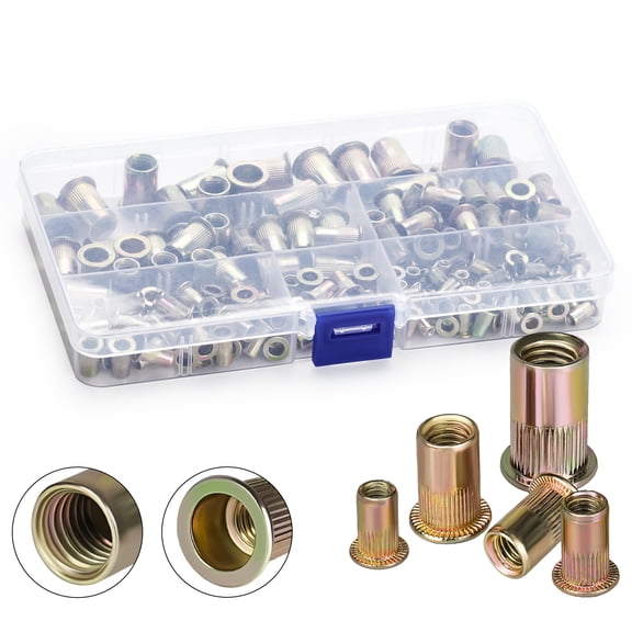 Goobetter Rivet Nut Kit,165 PCS Metric Rivet Nut Assortment Kit,Yellow Zinc Plated Carbon Steel,M3 M4 M5 M6 M8 Flat Head Threaded Insert Nut Assort
