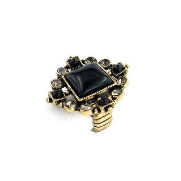 Goldtone Black Cabochon and Crystal Stretch Ring