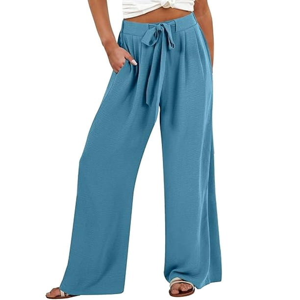 Pantalones anchos para mujer - Cintura ajustable, nudo fluido, corte holgado informal con bolsillos, pantalones de playa de lino para todas las estaciones