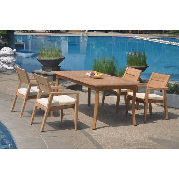Grade-A Teak Dining Set: 4 Seater 5 Pc: 94" Double Extension Rectangle Table And 4 Vellore Stacking Arm Chairs Outdoor Patio WholesaleTeak #WMDSWVm