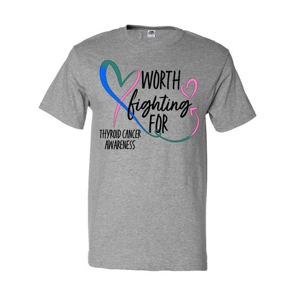 Inktastic Thyroid Cancer Awareness Pink, Blue, Teal Heart Ribbon T-Shirt