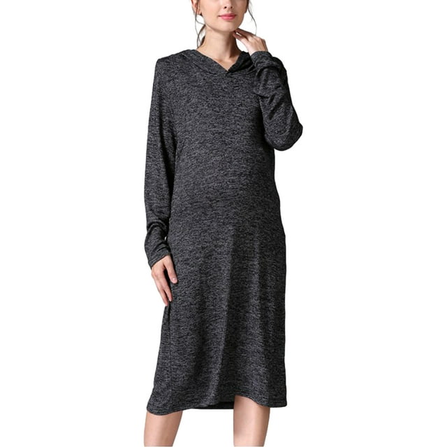 SUNSIOM Robe de Grossesse pour Femmes, Couleur Unie, Manches Longues, Capuche, Robe Midi Ample de Maternité