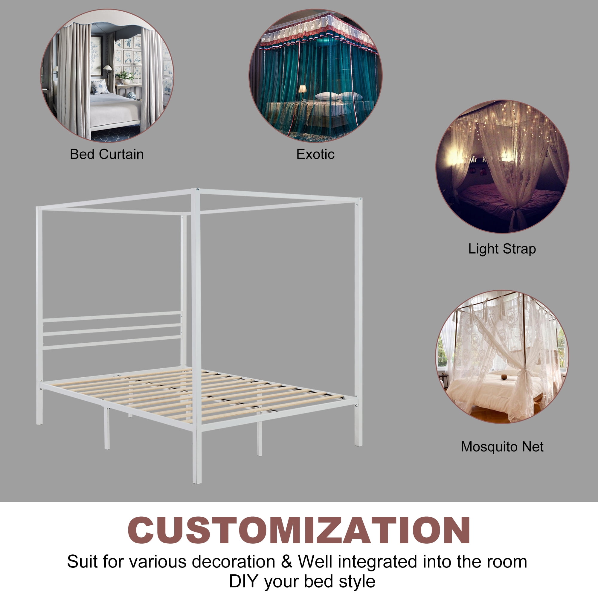 Merrland Full Size Bed Frame, Canopy Platform Bed with Metal Headboard, No Box Spring Needed, White