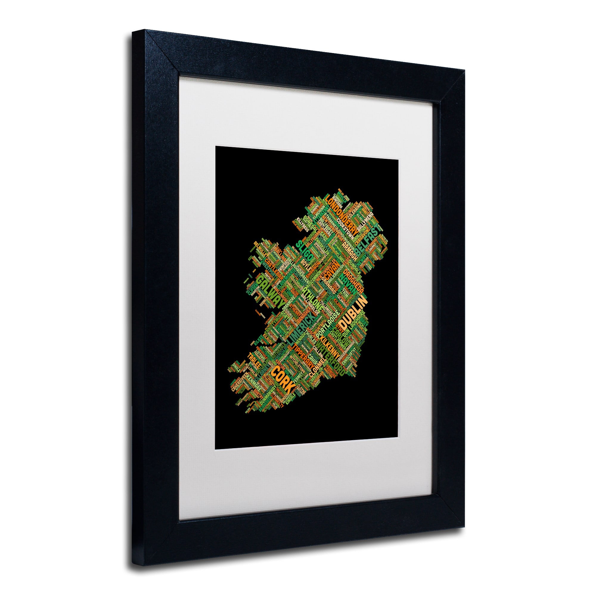 Trademark Fine Art "Ireland Eire City Text Map" Canvas Art by Michael Tompsett, White Matte, Black Frame