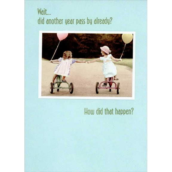 RSVP Girls on Trikes Photo on Blue Feminine Birthday Card for Her : Woman