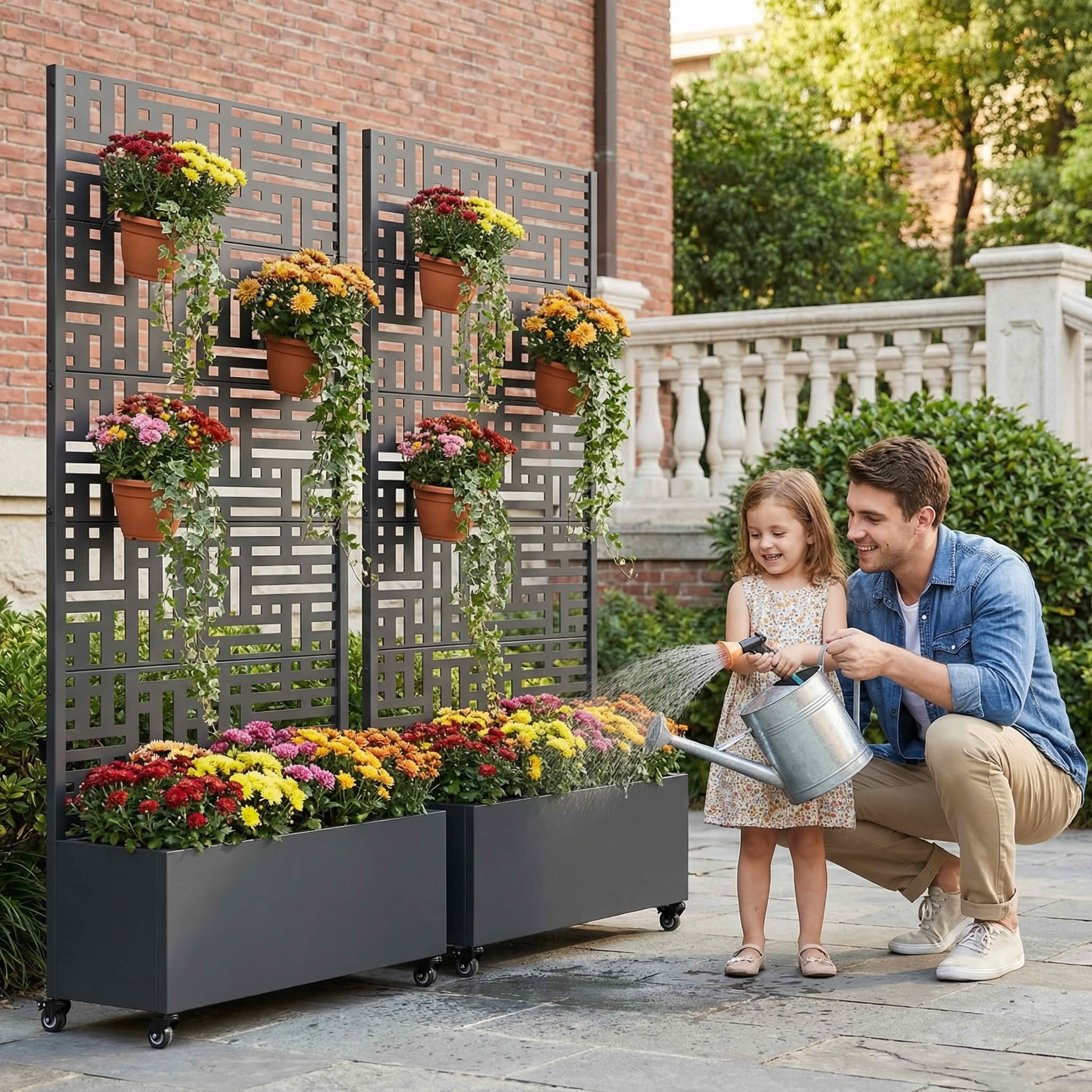 MAYEERTY 72x35x16 Inch Black Metal Double-sided Rectangular Planter Box with Trellis for Street, 5 Piece Set