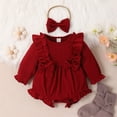 thumbnail image 3 of Gyratedream Toddler Girl Bodysuits Jumpsuit Long Sleeve Infant Baby Ruffle Romper Outfits with Bow Tie Headscarf 2Pcs, 3 of 11