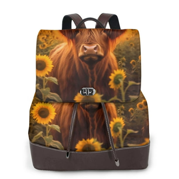 Disketp Vintage Sunflower Cow B Mochila de Cuero para Mujer, Bolso de Espalda Antirrobo con Estilo para Viaje, Trabajo y Uso Diario