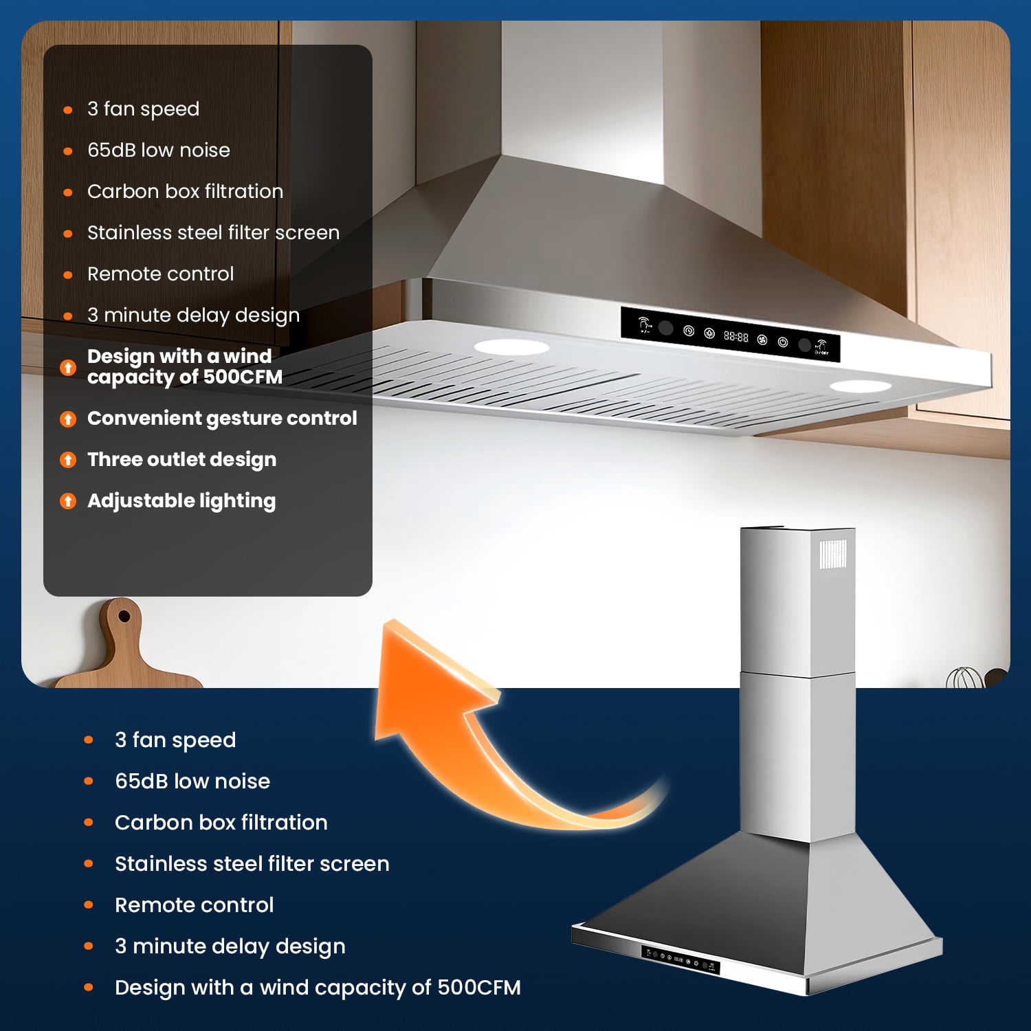 ICYBER BOOM 30 Inch Wall Mount Range Hood, 750 CFM Max Airflow Stainless Steel Kitchen Vent Hood with Gesture & Remote Control, 3 Speeds, 3-Min Delay, 66 dB, LED Lights, Includes Chimney, Carbon Filt