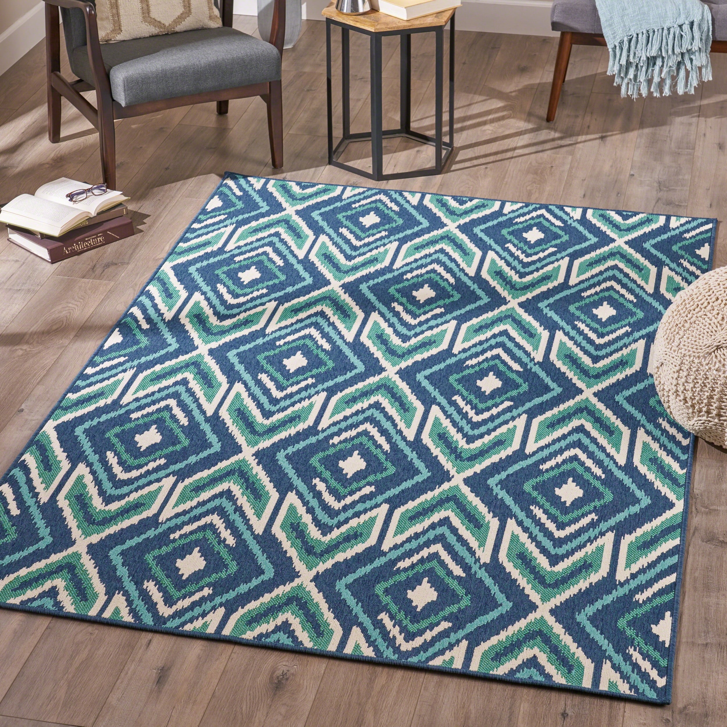 Paloma Blue Yellow Ochre Geometric Handcarved Durable Rug in various sizes 