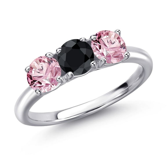 Gem Stone King 925 Sterling Silver Black Sapphire and Pink Lab Grown Diamond Engagement Ring for Women | 1.69 Cttw | Round 5MM | Gemstone September Birthstone | Size 5