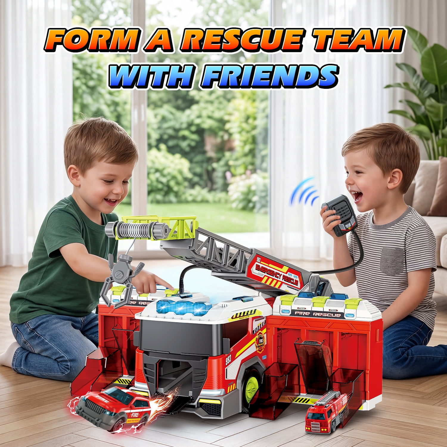 Carsky Fire Truck Toy with Storage Track, Lights & Sound Rescue Playset, City Garage Carrier Truck with Megaphone & Mini Cars, Role Play Gift Toys for Boys Girls