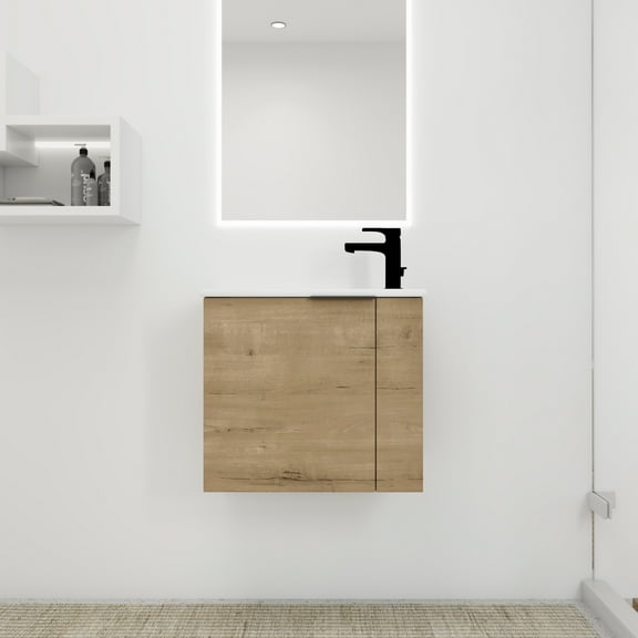 Noble House 22" Floating Bathroom Vanity, Ceramic Sink, Soft-Close Door, Matte Black Handle, Imitative Oak