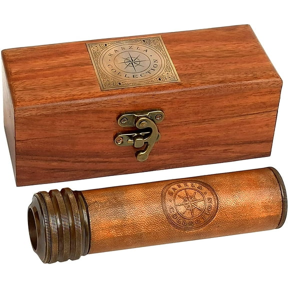 Leather Stiched Antique Brass Kaleidoscope Maritime Nautical Kids Gift with Wooden Box