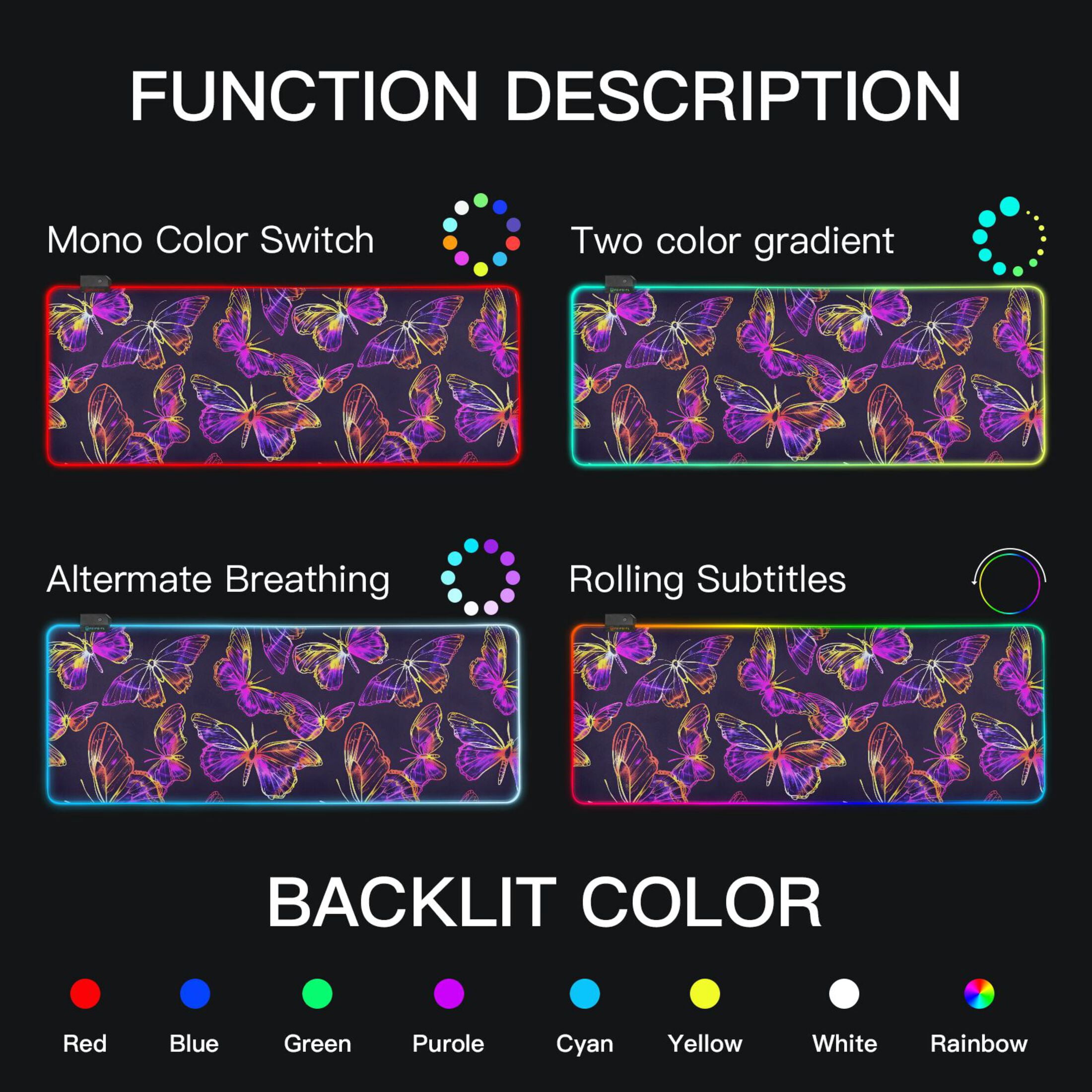 Large RGB Gaming Mouse Pad Led Glowing Mousepad Non-Slip Rubber Base 13 Light Modes 31.5x11.8 Colorful Butterflies Outline