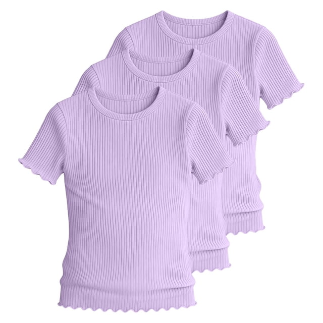 KyCheLot 3 Pack Ribbed Knit Tops for Girls Crew Neck Solid Color Short Sleeve T-Shirts Trendy Ruffle Trim T-Shirts
