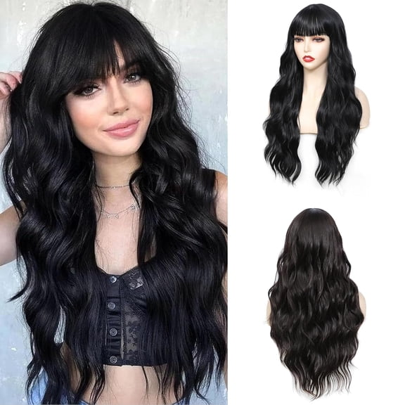 Black Wig With Bangs Long Wavy Wigs for Women 26 Inch Curly Wavy Wig | Natural Looking Synthetic Heat Resistant Fiber Wig for Daily Party Use