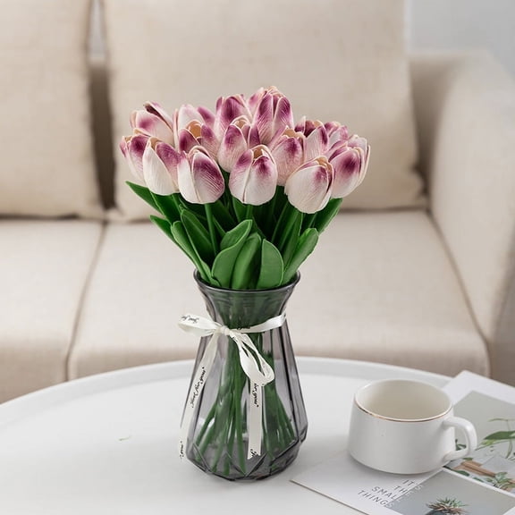 NAMZI 20 Count White Flower Artificial Tulip Silk Fake Flowers 13.5 Inch Mother's Day Easter Valentine's Day Gift Bulk Home Kitchen Wedding Decoration (Light Purple)