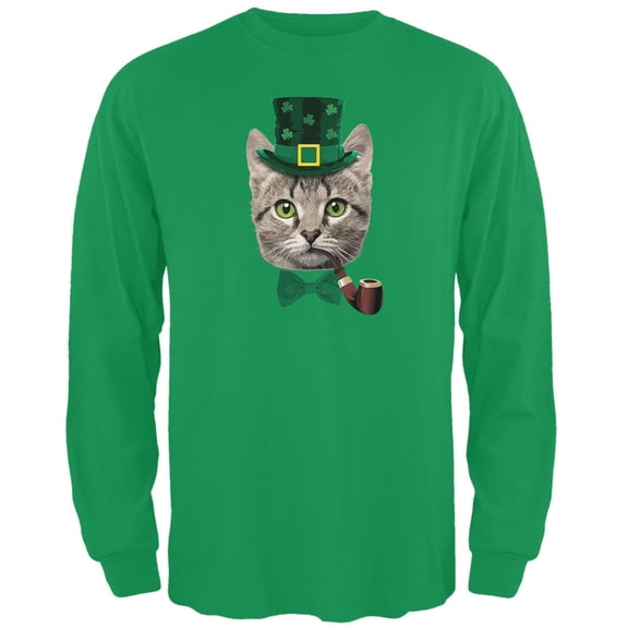 St. Patrick's Funny Cat Irish Green Adult Long Sleeve T-Shirt - Large