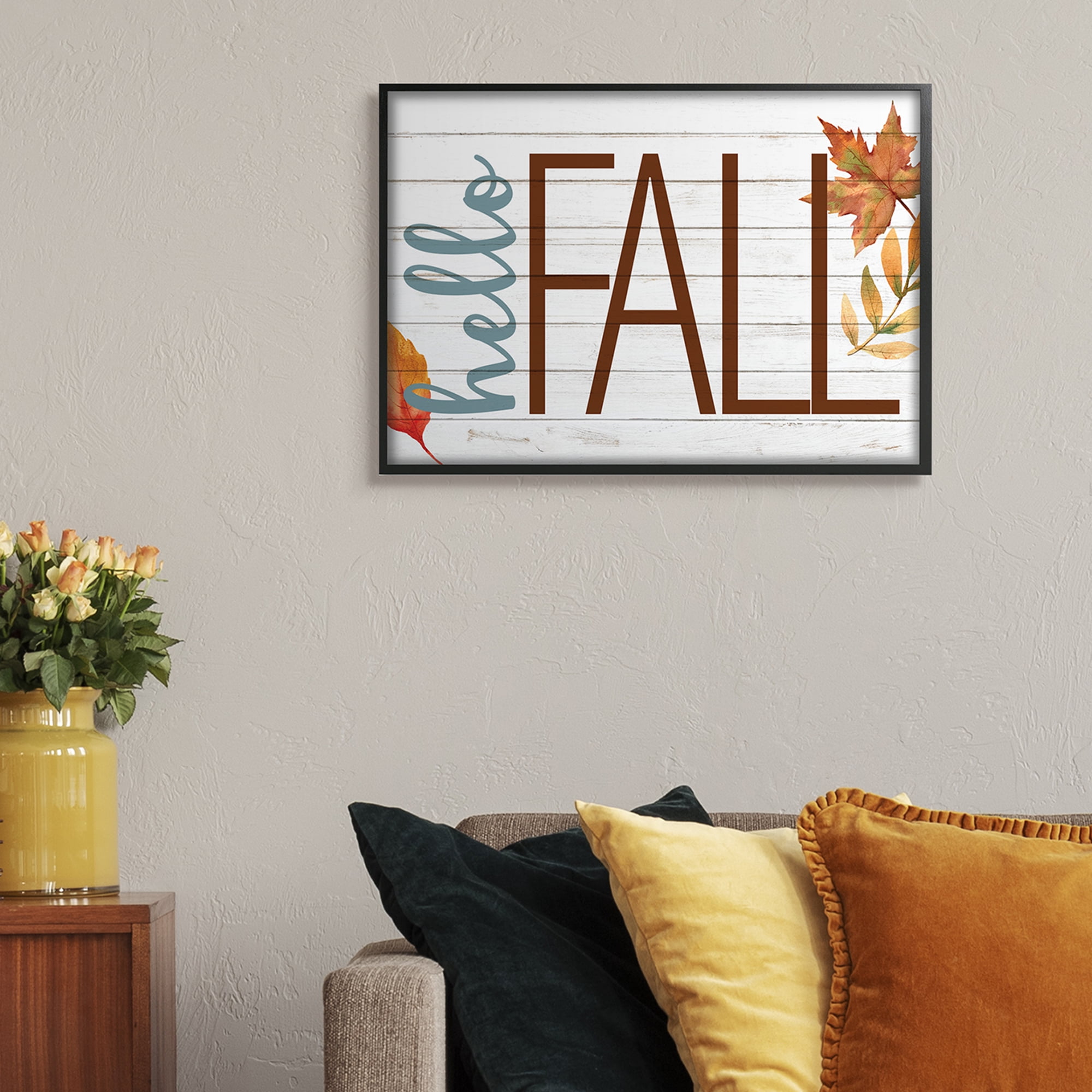 Stupell Industries Hello Fall Planked Look Autumn Foliage Black Framed Wall Art, 24 x 30, Design by Kim Allen