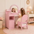 thumbnail image 2 of LINLUX Kids Vanity Table and Chair Set,Princess Makeup Dressing Table with Tempered Glass Mirror,Storage Organizer,Gift for Girls,Pink, 2 of 9