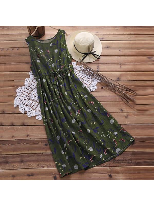 JOYFEEL Womens Cotton Linen Print A-Line Sundress Sleeveless O Neck Casual Beach Tank Dresses with Pockets
