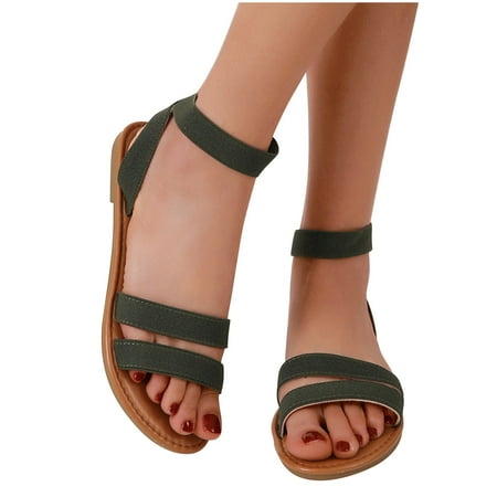 

Women s Open Toes Two Band Ankle Strap Flat Sandals Summer Casual Dressy Cute Sandals Comfortable Fashion Strappy Shoes