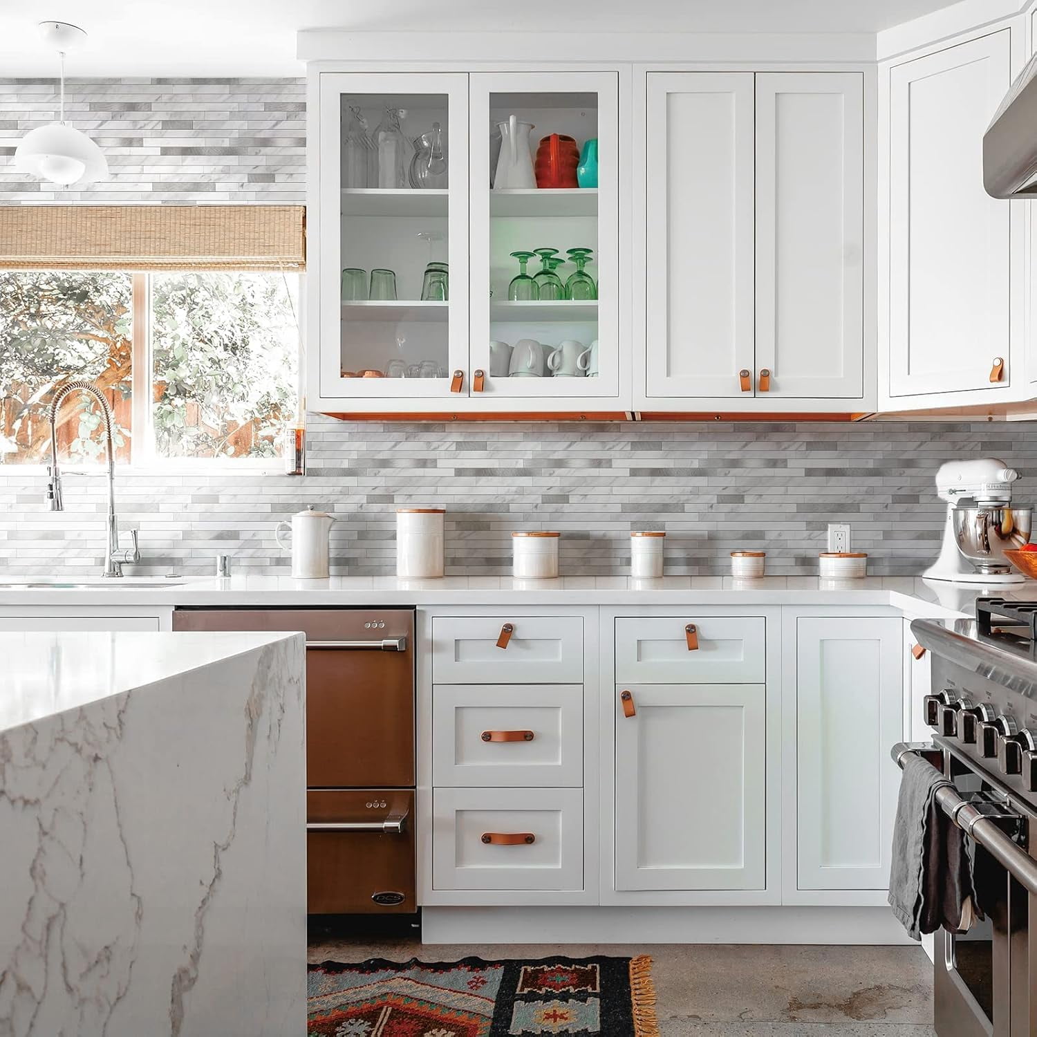 Peel And Stick Marble Backsplash Tile  10 Sheets White With Embellished Stripes Self-adhesive Wall For Kitchen Bathroom Fireplace Rv (11.4" X 10.6")