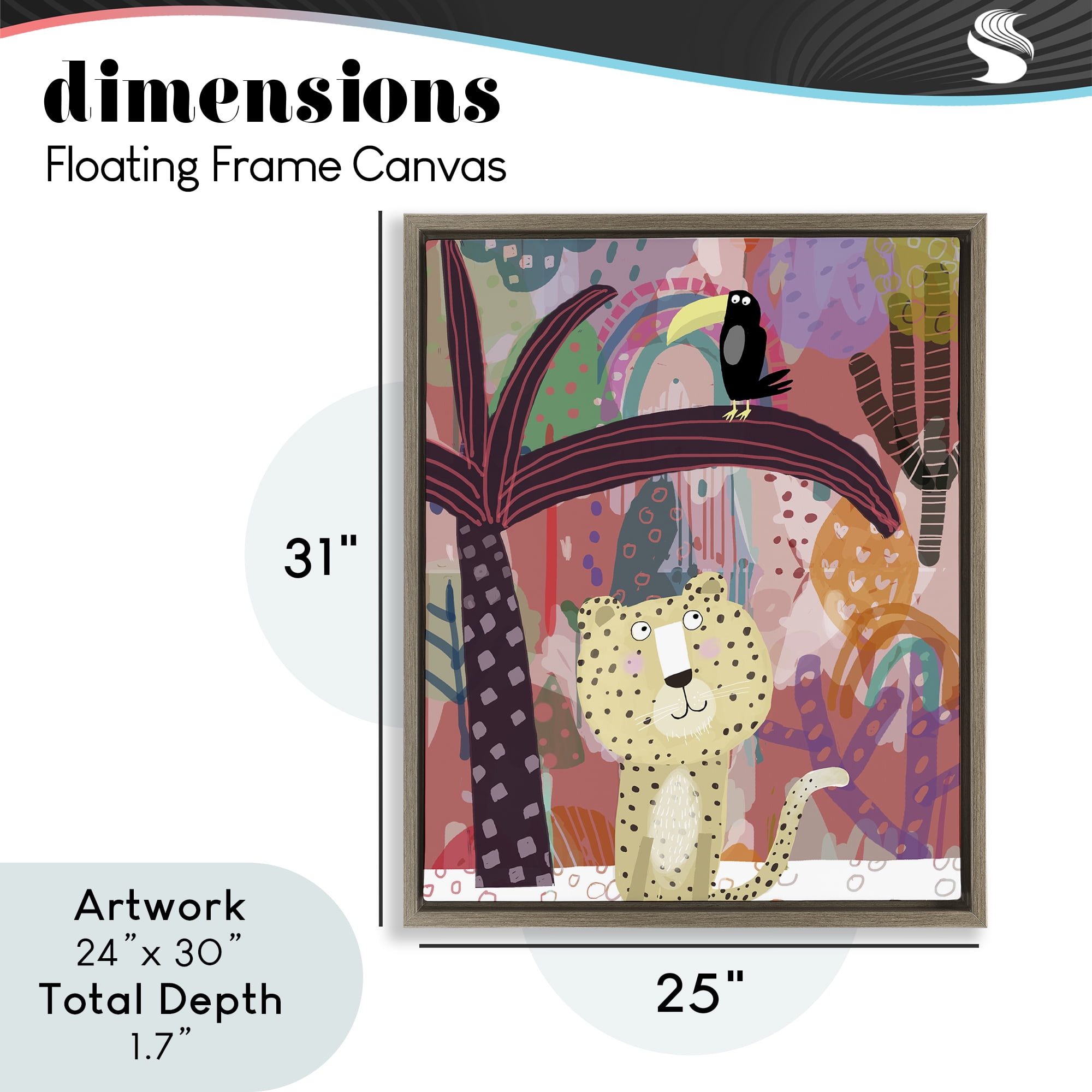 Whimsical Cheetah & Toucan Brown Framed Floater Canvas Wall Art, design by Carla Daly