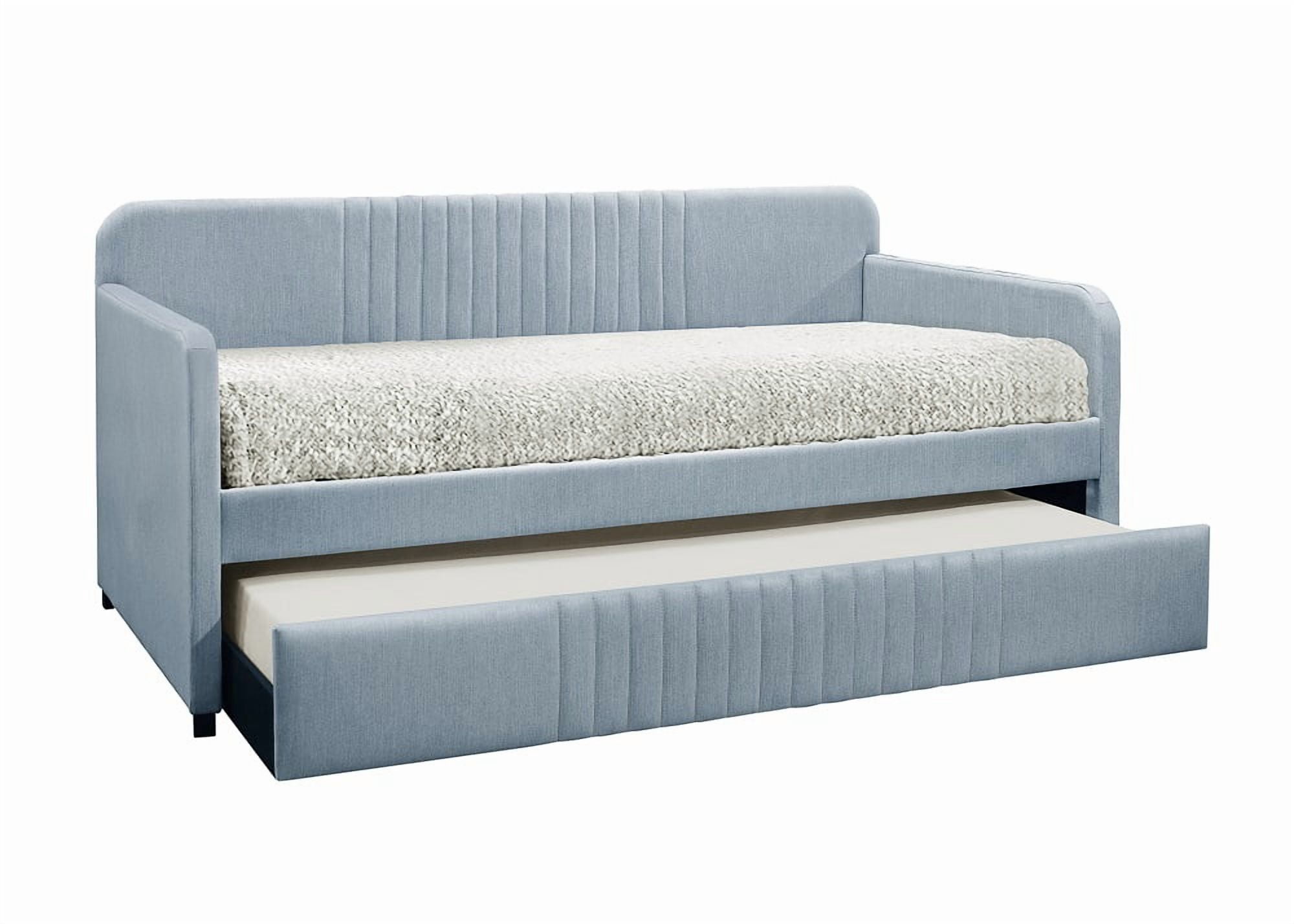 Home Design Amelia Twin Daybed with Linen Upholstery and Pull-Out Trundle, Track Arms, Rounded Backrest with Vertical Channel Tufting, Light Blue